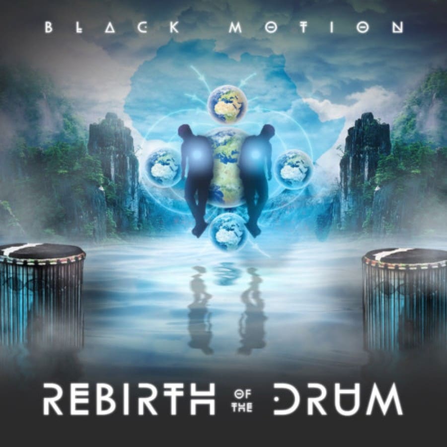 Album cover for third party release by the group Black Motion. The album Rebirth of the Drum contains two tracks which originate from Madala Kunene's original Konko Man. The picture show the figures floating on water in the background and one African drum each in the foreground left and right.